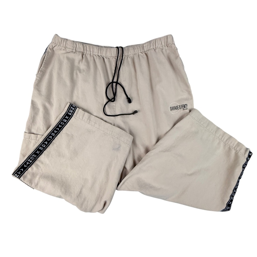 Savage X Fenty Womens 2X Khaki Tan Wide Leg Cargo Pants Logo Tape Drawstring